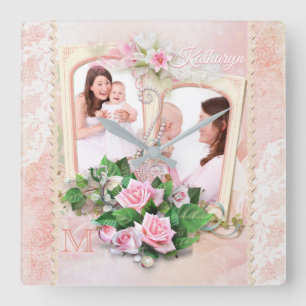 Mother’s Day Roses Lace Pearls Vintage Photo Frame Square Wall Clock