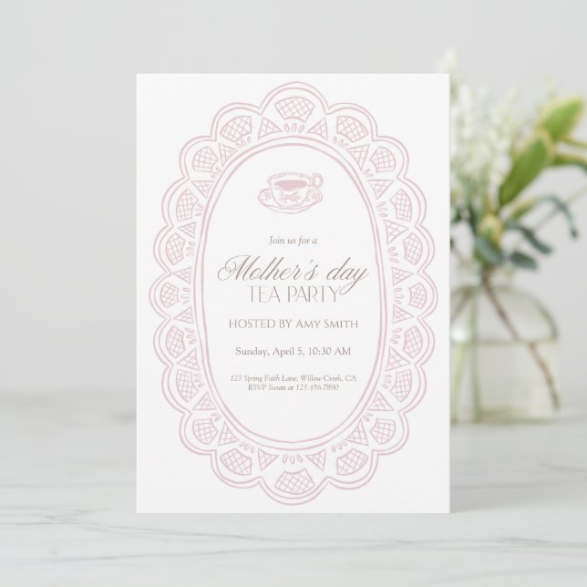 Mother’s Day Tea Party Pink Lace Doily Frame Invitation (Standing Front)