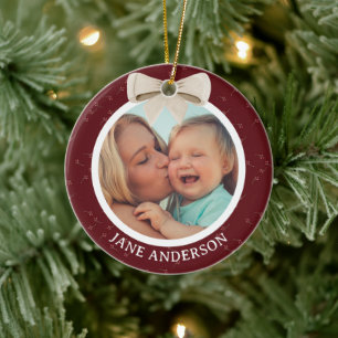 Mother’s First Christmas Photo White Bow CherryRed Ceramic Ornament