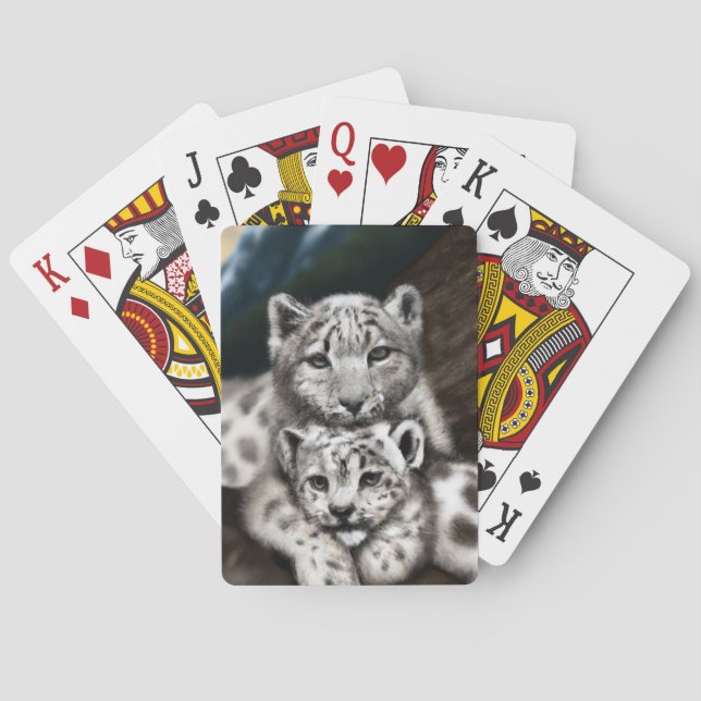 Mother Snow Leopard and Cub in the Mountains Playing Cards (Back)