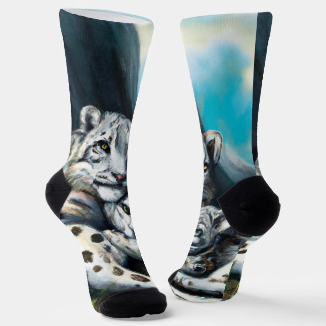Mother Snow Leopard and Cub in the Mountains Socks (Angled)