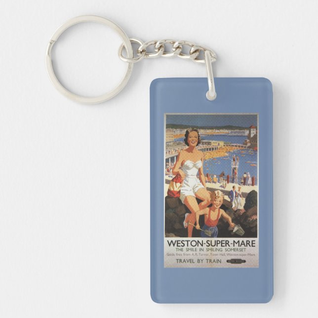 Mother & Son on Beach Railway Poster Key Ring (Front)