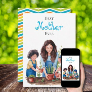 Mother & Sons Planting Lesson Watercolor Image Card