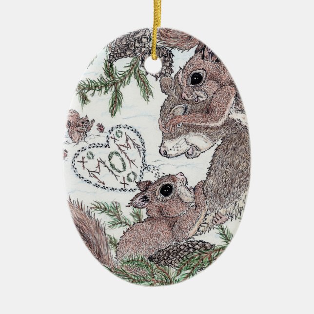 Mother Squirrel and Kits Ceramic Ornament (Front)