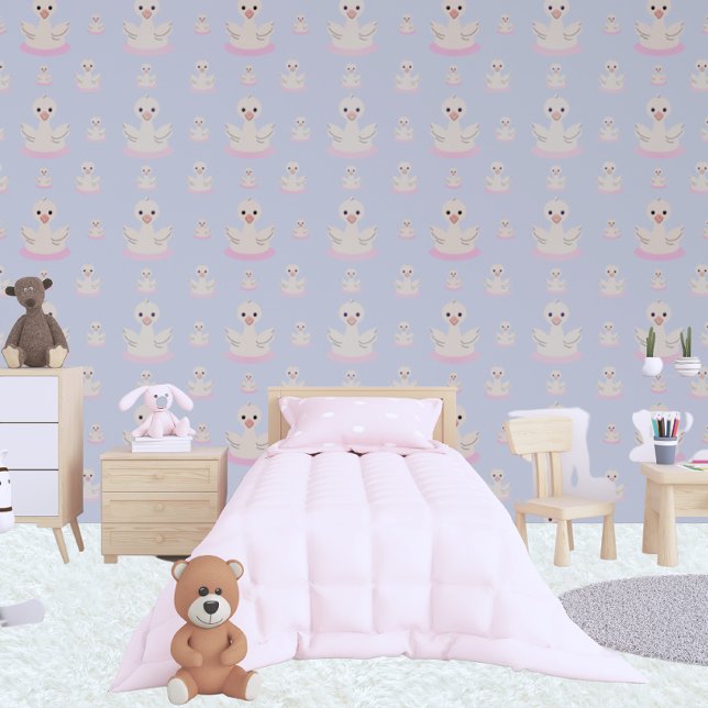 Mother Swan And Cygnets Kids Pink Blue And White Wallpaper (Kids Bedroom)