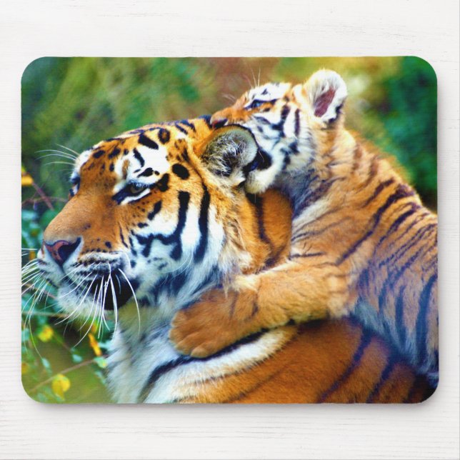 Mother Tiger with Baby Cub Climbing and Biting Ear Mouse Pad (Front)