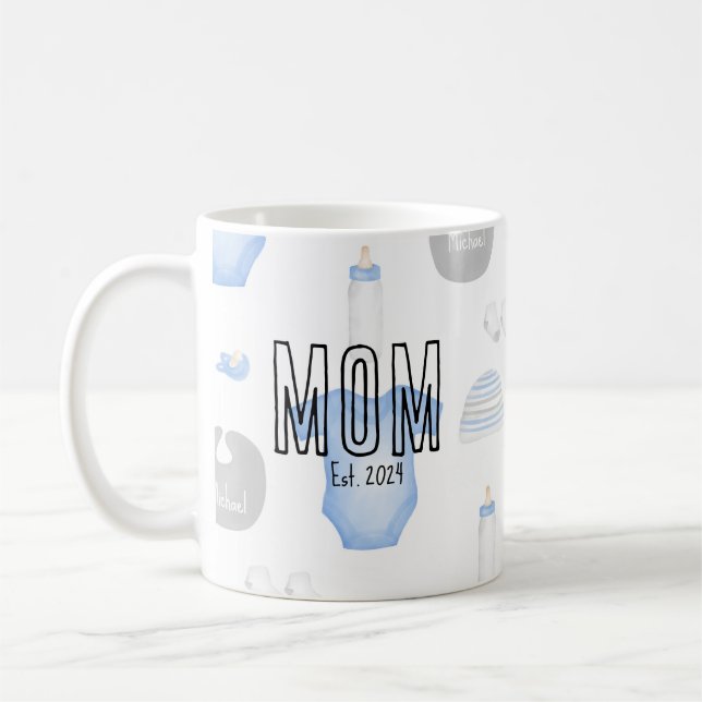 Mother-to-Be Baby's Name Year Est. Black Text Coffee Mug (Left)