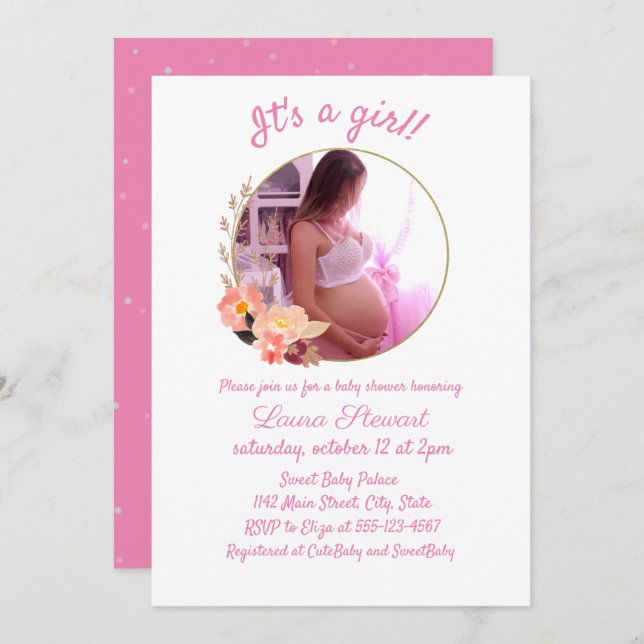 Mother-To-Be Round Photo Frame Baby Girl Shower Invitation (Front/Back)