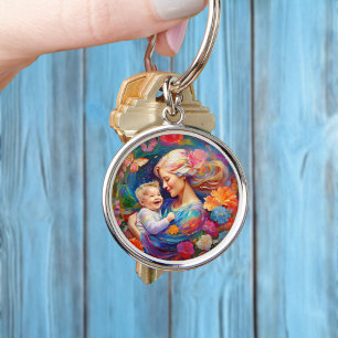 Mother with Baby Boy Colourful Painting Key Ring