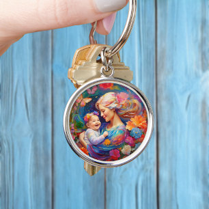 Mother with Baby Girl Colourful Painting Key Ring