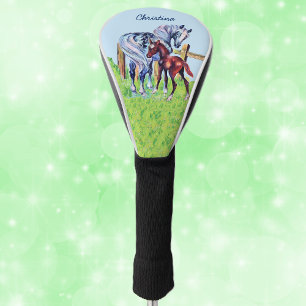 Mother With Brown Baby Horses Wooden Fence Grass Golf Head Cover