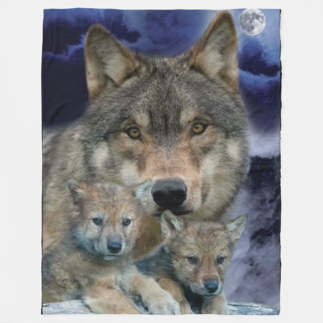 MOTHER WOLF and 2 CUBS Fleece Blanket (Front)