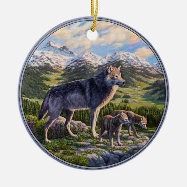 Mother Wolf & Pups Mountain River Valley Ceramic Ornament (Front)