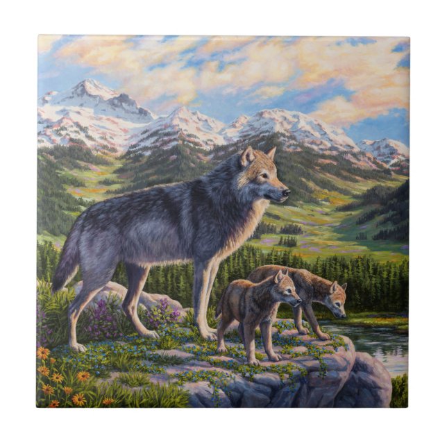 Mother Wolf & Pups Mountain River Valley Ceramic Tile (Front)