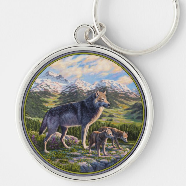 Mother Wolf & Pups Mountain River Valley Key Ring (Front)