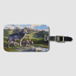 Mother Wolf & Pups Mountain River Valley Luggage Tag