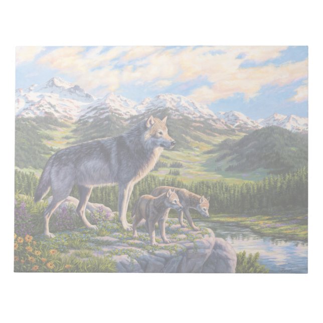 Mother Wolf & Pups Mountain River Valley Notepad (Front)