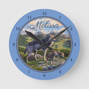 Mother Wolf & Pups Mountain River Valley Round Clock