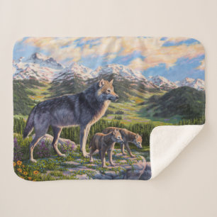 Mother Wolf & Pups Mountain River Valley Sherpa Blanket