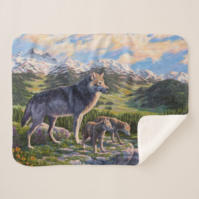 Mother Wolf & Pups Mountain River Valley Sherpa Blanket (Front (Horizontal))