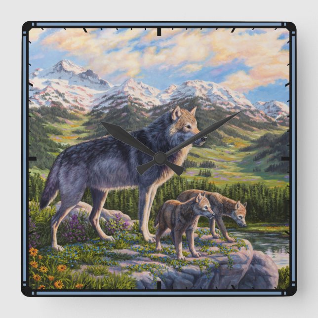 Mother Wolf & Pups Mountain River Valley Square Wall Clock (Front)