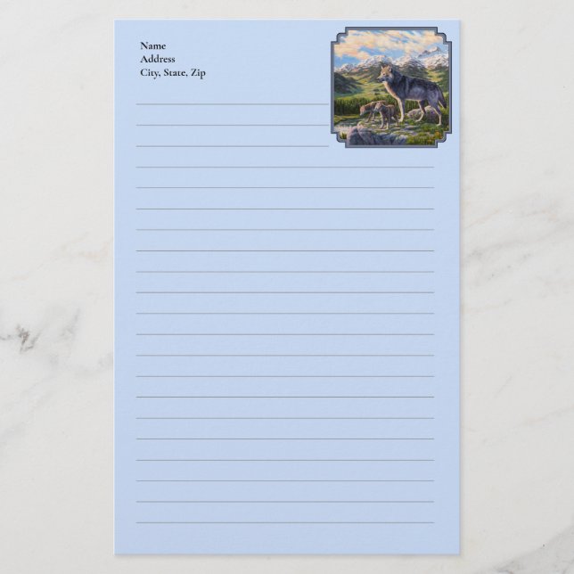 Mother Wolf & Pups Mountain River Valley Stationery (Front)