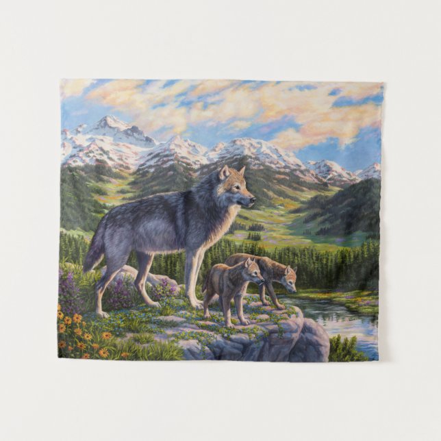 Mother Wolf & Pups Mountain River Valley Tapestry (Front (Horizontal))
