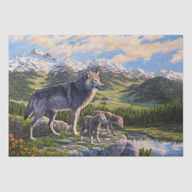 Mother Wolf & Pups Mountain River Valley Tissue Paper (Front)