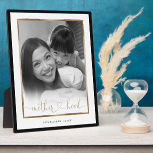 Motherhood EST. Elegant Black & Gold Frame Photo