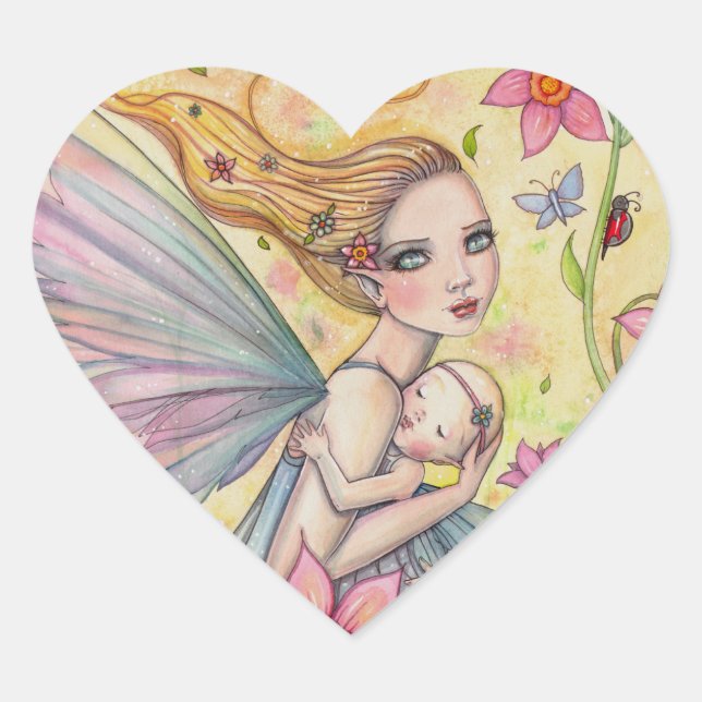 Motherhood Sweet Mother and Baby Fairy Painting Heart Sticker (Front)