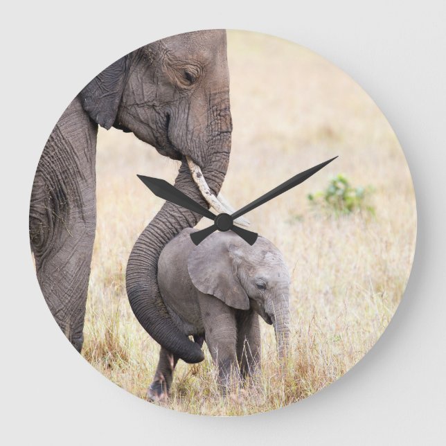 Motherly love elephant baby photo large clock (Front)