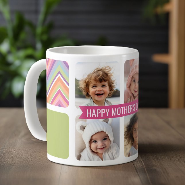 Mother's Day 4 Photo Collage Pink Green Chevrons Coffee Mug (Custom Photo Mug)