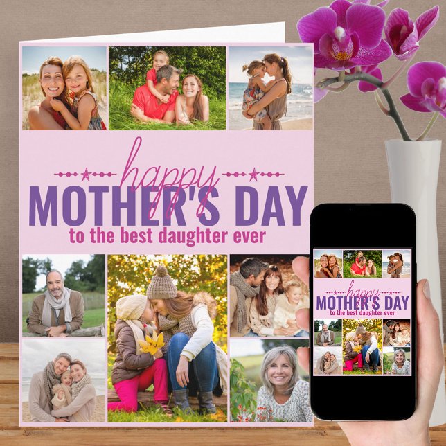 Mothers Day 8 Photo Collage Personalised Pink Card (Creator Uploaded)