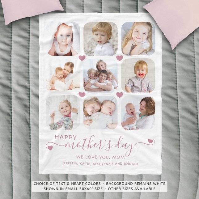 Mothers Day 9 Photo Collage Script Pink White Fleece Blanket (Creator Uploaded)