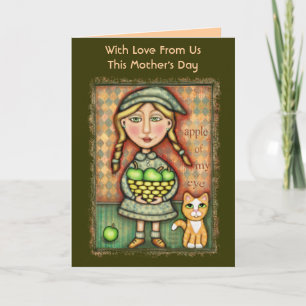 Mother's Day  Apple Girl & Cat Art Greeting Card