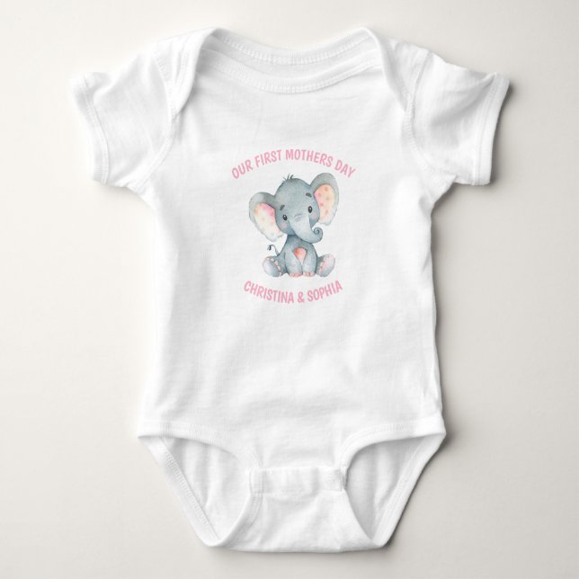 Mothers Day Baby Girl Elephant Pink Baby Bodysuit (Front)
