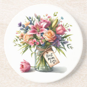 Mother's Day Best Mum Ever in Watercolor Coaster