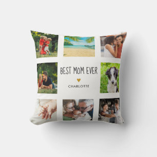 Mothers Day Best Mum Ever Photo Collage Gold Heart Cushion