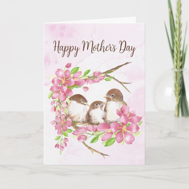 Mother's Day Blank Cherry Blossom, Sparrows, Bird  Holiday Card (Front)