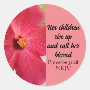 Mother's Day Blessed Bible Verse Coral Pink Flower Classic Round Sticker