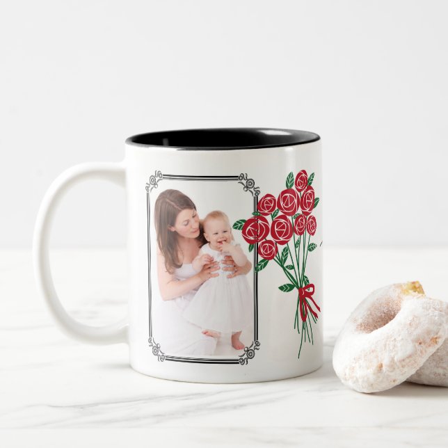 Mother's Day Bouquet of Red Roses Two-Tone Coffee Mug (With Donut)