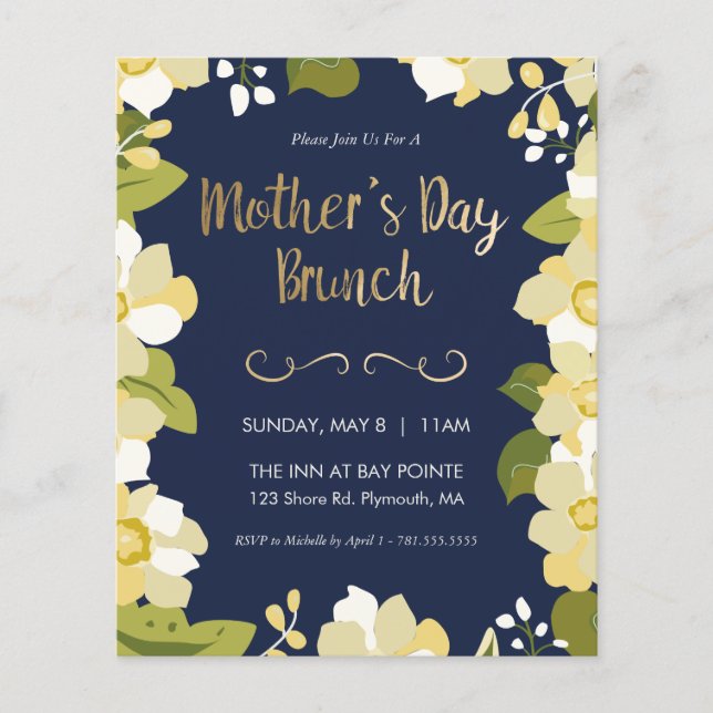 Mother's Day Brunch Invitation, Floral w/ Gold Inv Flyer (Front)
