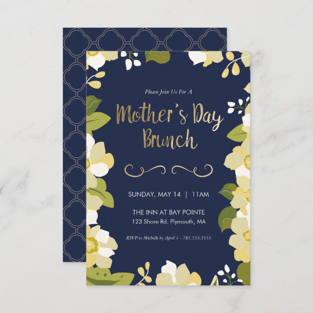 Mother's Day Brunch Invitation, Floral w/ Gold Invitation (Front/Back)