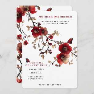 Mother's Day Brunch Red Flowers Butterflies Invitation