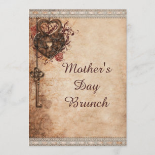 Mother's Day Brunch Vintage Hearts Lock and Key Invitation