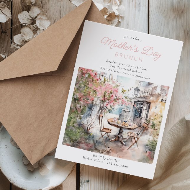 Mother's Day Brunch Watercolor Plaza in Bloom Invitation (Mother's Day Brunch Invitation with welcoming watercolor scene of old plaza and blossom tree)