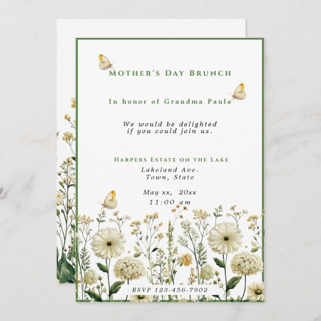  Mother's Day Brunch White Flowers Butterflies Invitation (Front/Back)