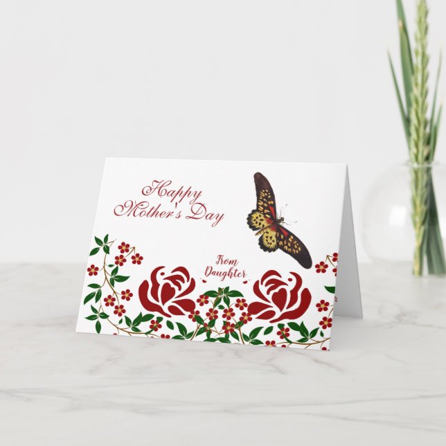 Mothers Day Butterfly Red Roses Green Foliage  Card (Front)