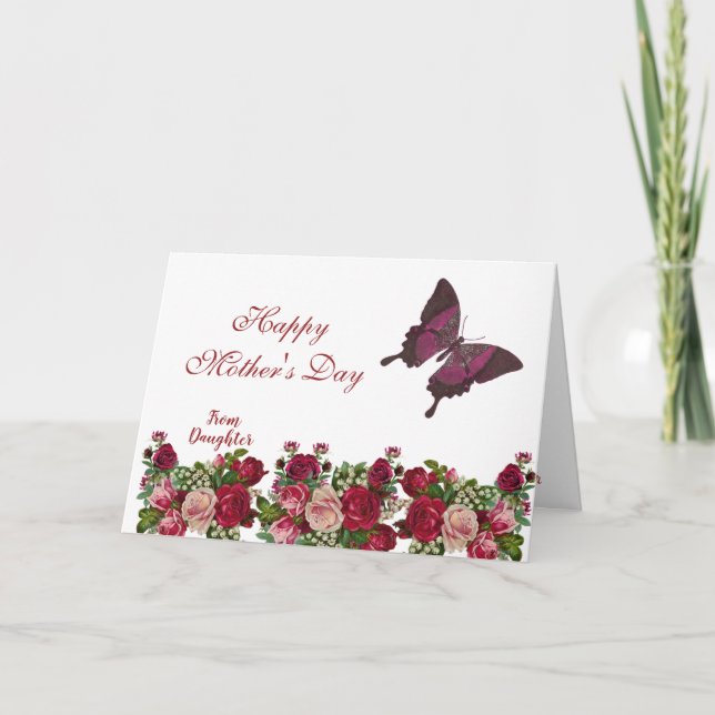 Mothers Day Butterfly Rustic Roses Burgundy Floral Card (Front)