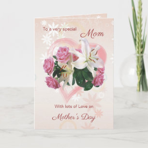 Mother's Day card for Mum with Rose, Lily & Heart